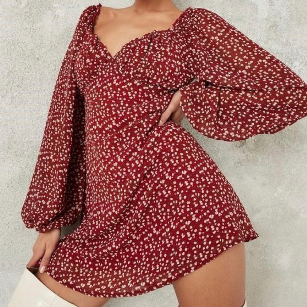 Burgundy Floral Pattern Milkmaid Dress